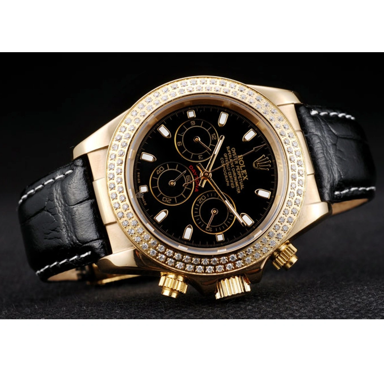 Aaa replica watch Case Daytona Crystal Studded Dial Black Bezel Rolex Gold 1014